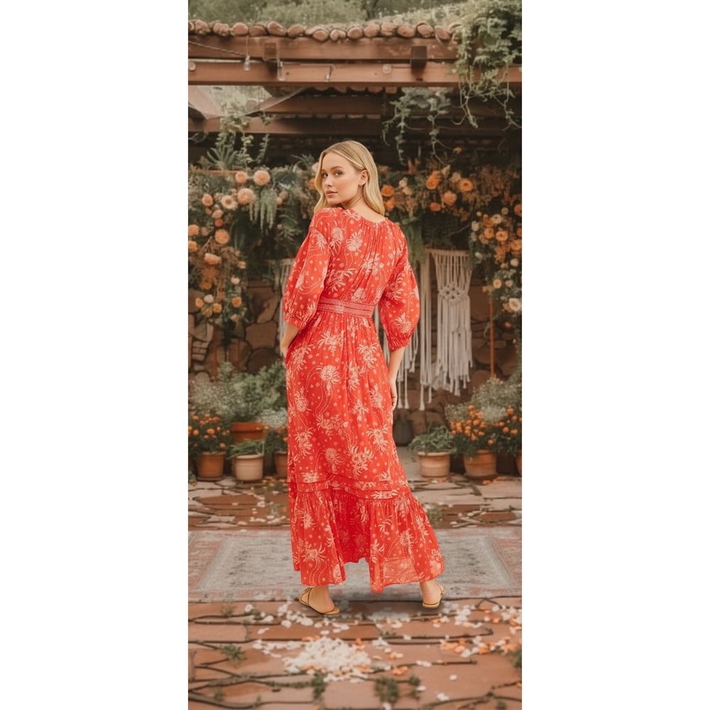 Free People Southwest Skies Maxi Dress Red Floral Smocked Puff Sleeve Size Small - Picture 3 of 3